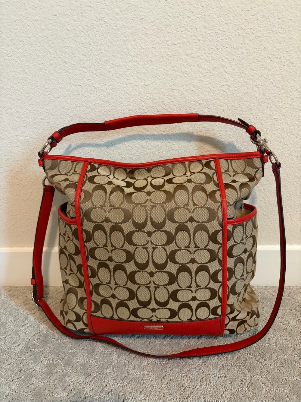 Coach Park Signature Hobo Khaki Vermillion Large Bag